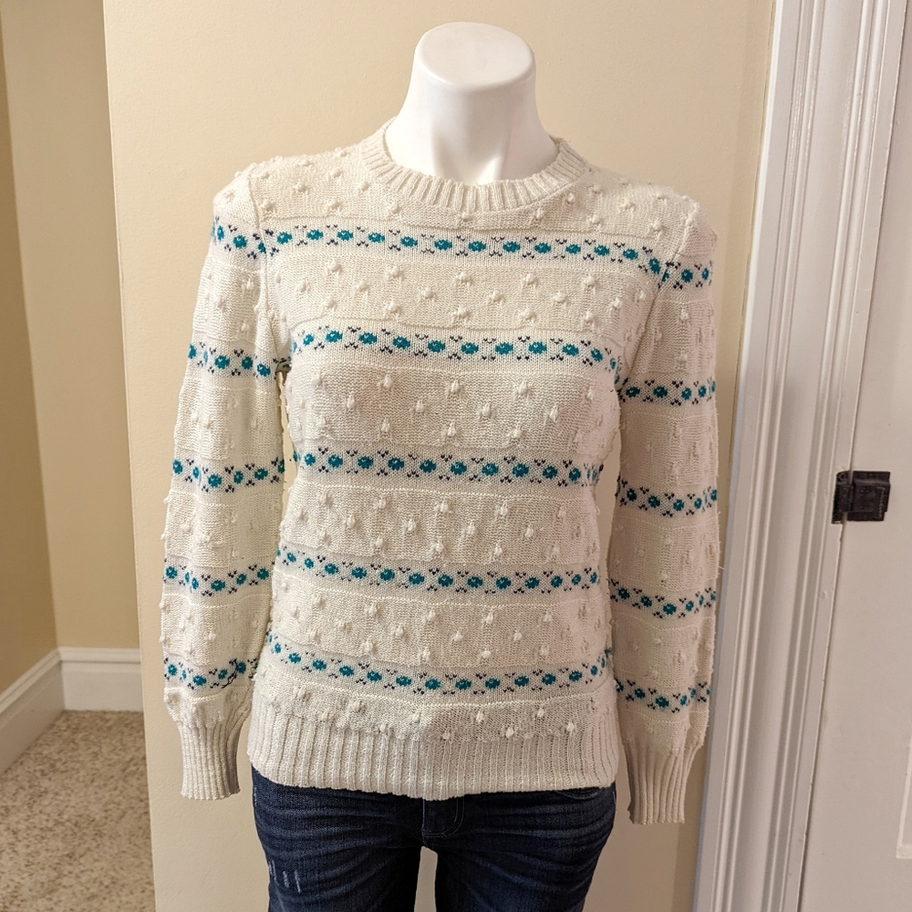 Vintage Alfred Dunne white and blue pom pom sweater size xs